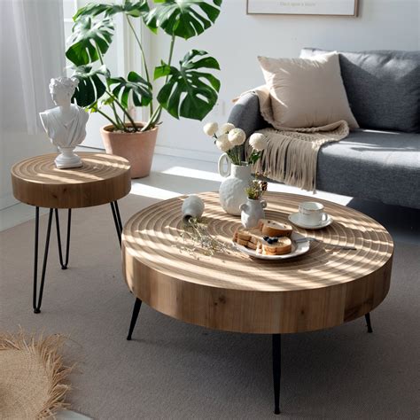 COZAYH 2-Piece Modern Farmhouse Living Room Coffee Table Set, Round Natural Finish with ...