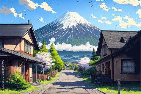 the view of mount fuji from a city, anime style, generative ai ...