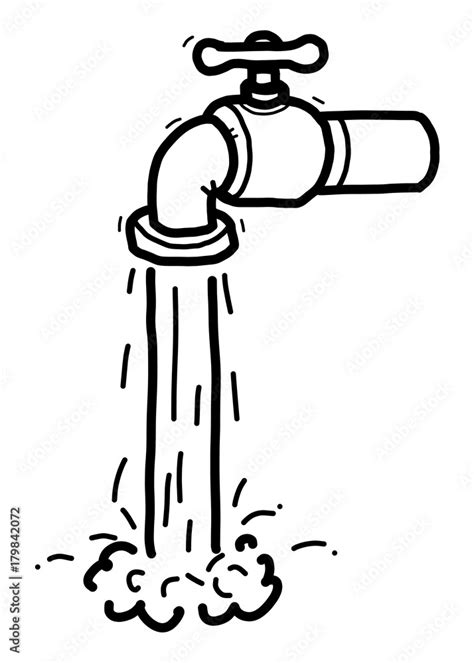 faucet and water / cartoon vector and illustration, black and white, hand drawn, sketch style ...