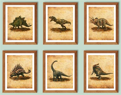 6 Dinosaurs Vintage Posters Jurassic T-rex Stegosaurus Triceratops Art ...