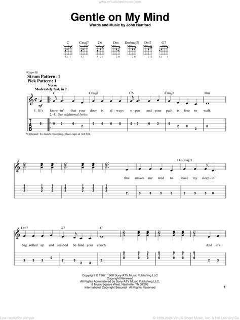 Campbell - Gentle On My Mind sheet music for guitar solo (easy tablature)