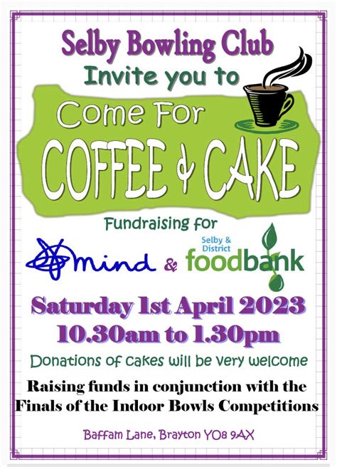 Selby Bowling Club Coffee & Cake, Charity Day – 1st April, 10:30-1:30 | Selby & District Foodbank