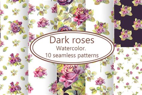 Dark roses. Watercolor. 10 seamless patterns (251807)