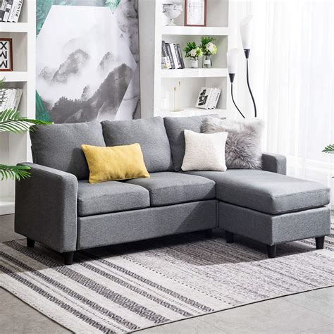 HONBAY Convertible Sectional Sofa Couch Modern Linen Fabric L-Shape Couch for Small Space Grey ...