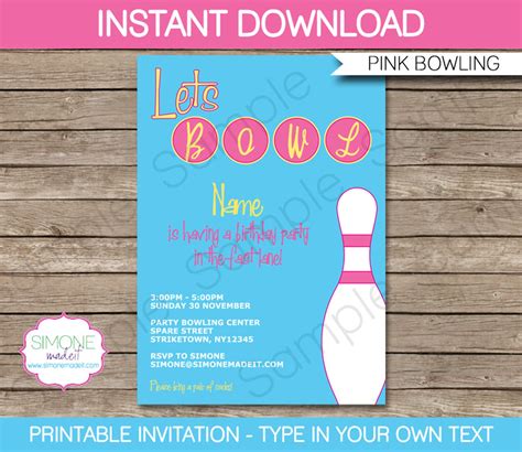 Girls Bowling Birthday Party Invitation Decorations Templates | Etsy