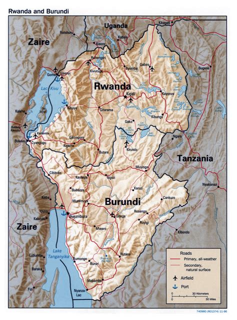 Large detailed political map of Rwanda and Burundi with relief, roads ...