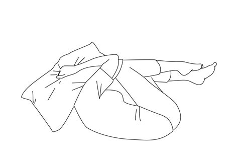 Drawing of frightened depressed woman lying alone on bed in fetal position covering head with ...