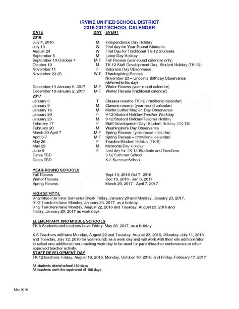 2016 - 2017 District Calendar | Irvine Unified School District – Irvine, CA