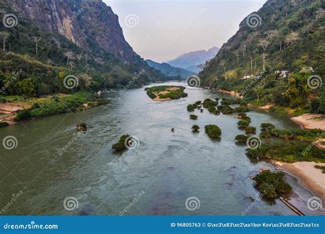 View of Nam Ou River in Nong Khiaw, Laos Stock Image - Image of northern, blue: 96805763