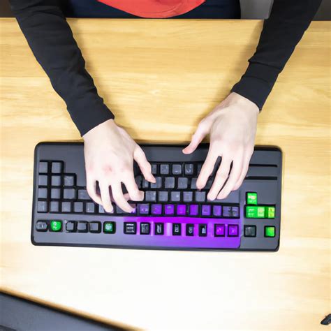 A man sitting at a desk typing on his computer with... | OpenArt