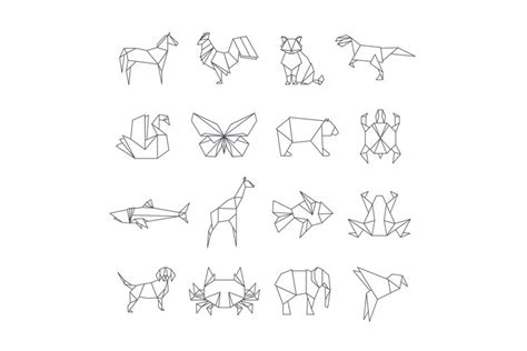 Japanese origami paper animals vector line icons