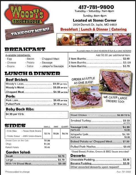 Menu at Woody’s Smokehouse BBQ, Joplin