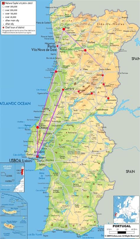 Portugal Map with Roads and Cities