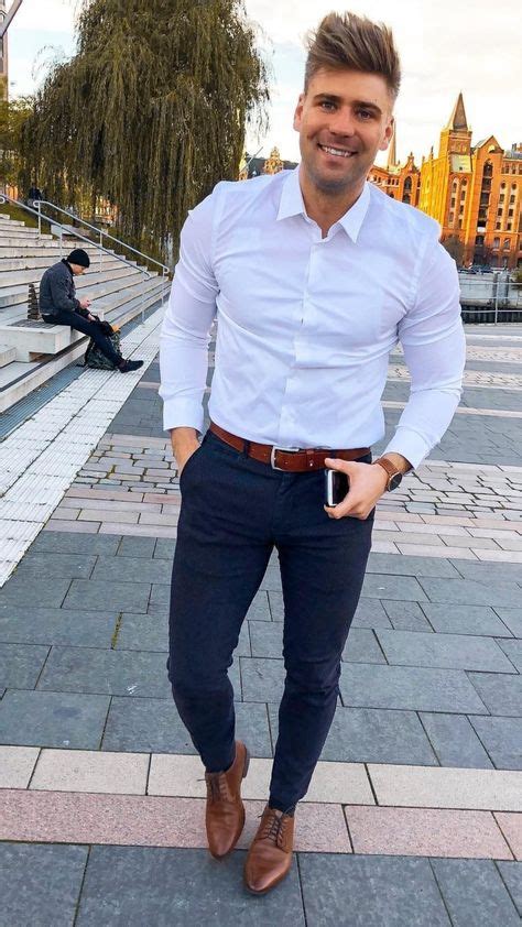 white slim shirt with navy blue chinos for him 2019 | Formal men outfit ...