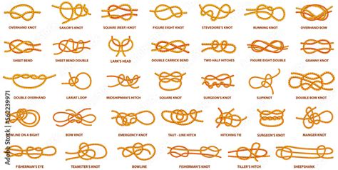 Yellow nautical rope knot, interweaving of ropes, tapes or other flexible linear materials ...