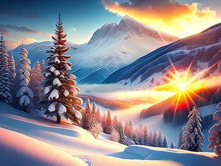 A painting of a snowy mountain scene with trees Image & Design ID ...