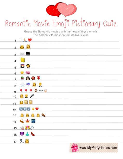 Free Printable Romantic Movie Emoji Pictionary Quiz | Romantic movies ...