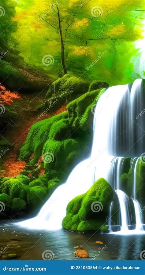 Waterfall in a Fantastic Forest Stock Illustration - Illustration of ...