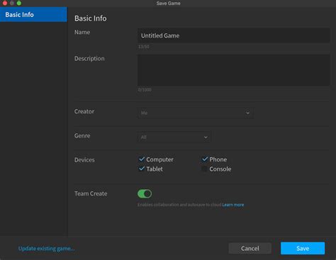 Option to turn on Team Create when saving to Roblox - Announcements - Developer Forum | Roblox