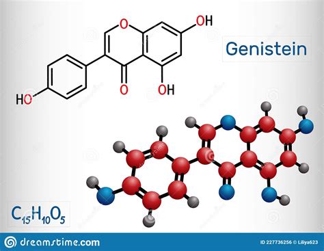 Genistein Isoflavone Molecule. 3D Rendering. Atoms Are Represented As ...