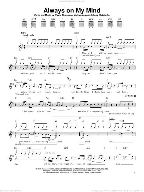 Presley - Always On My Mind sheet music for guitar solo (chords)