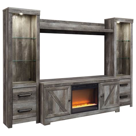 Signature Design by Ashley Wynnlow Wall Unit with Fireplace & 2 Piers in Rustic Gray Finish ...