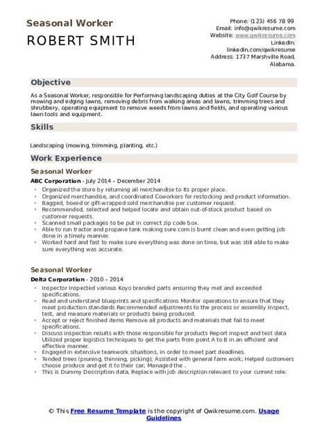 Seasonal Worker Resume Samples | QwikResume