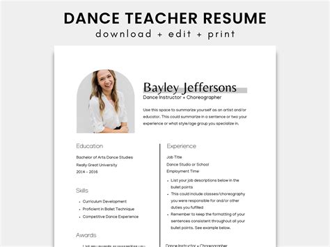 Dance Teacher Resume Template for Canva Dance Instructor Resume ...