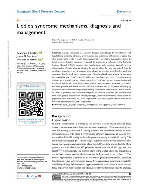 Ibpc 188869 liddle rsquo s syndrome mechanisms diagnosis and management - R E V I E W Liddle’s ...