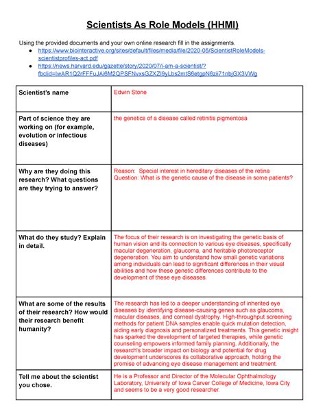 Scientists As Role Models (HHMI) - Student Assgnment - Scientists As Role Models (HHMI) Using ...