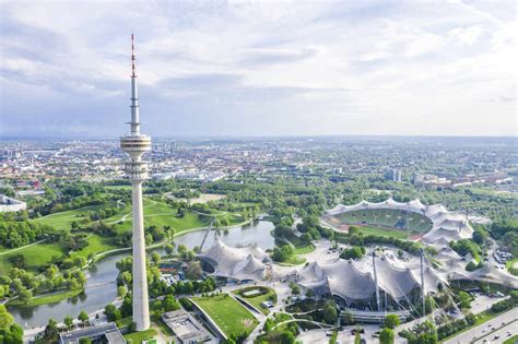 Germany, Bavaria, Munich, Aerial view of Olympiapark and Olympic Tower ...