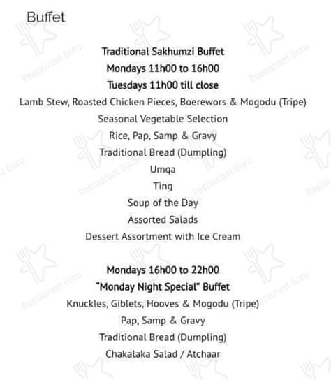 Menu at Sakhumzi Restaurant, Soweto