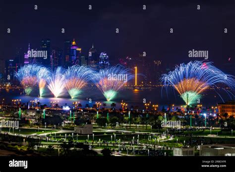 Qatar national day fireworks with Qatar skyline Stock Photo - Alamy