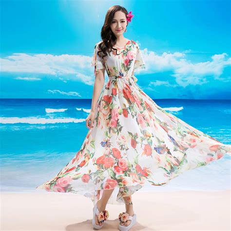 Aliexpress.com : Buy Spring and summer chiffon Floral one piece dress short sleeve bohemia beach ...