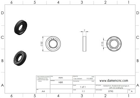 15x32x7mm, Radial shaft seal type A with one sealing lip | DamenCNC B.V.