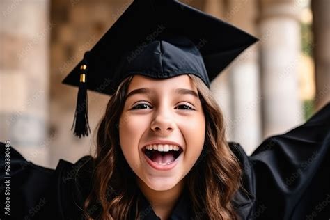Teenager girl rejoicing after graduating, wearing black tunic and cap ...