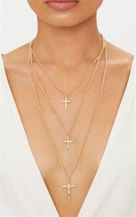 Gold Triple Cross Symbol Renaissance Necklace | PrettyLittleThing USA