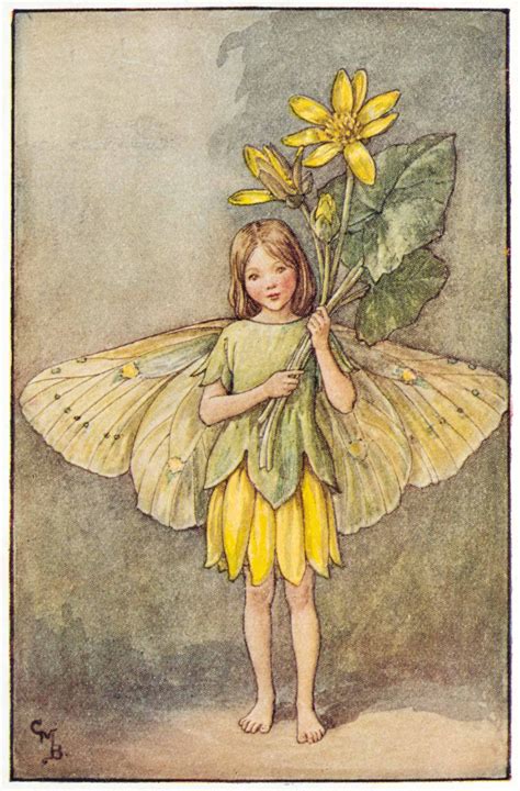 Illustration for the Celandine Fairy from Flower Fairies of the Spring. A girl fairy stands full ...