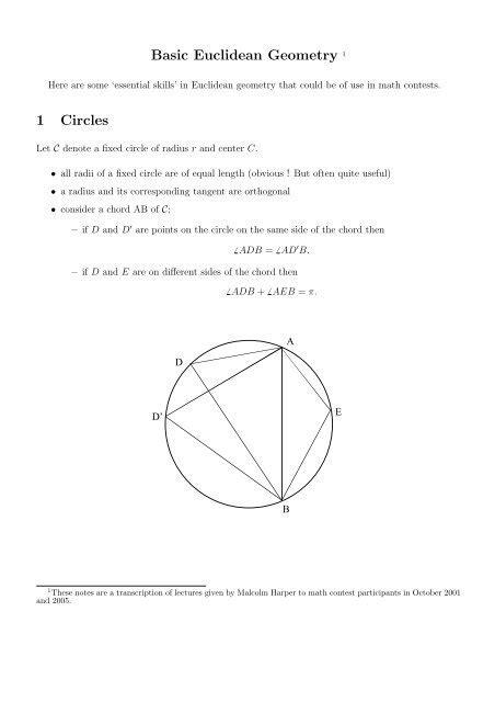 Basic Euclidean Geometry 1 1 Circles