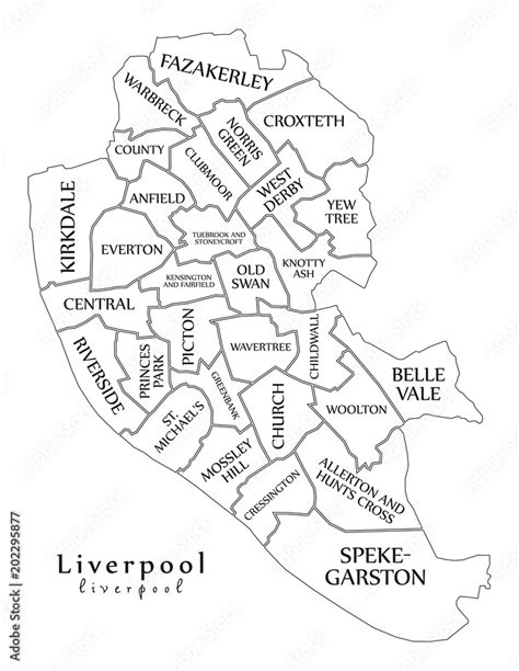 Modern City Map - Liverpool city of England with wards and titles UK outline map Stock Vector ...