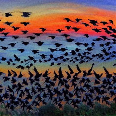 a painting of a beautiful flock of crows flying at | Stable Diffusion | OpenArt