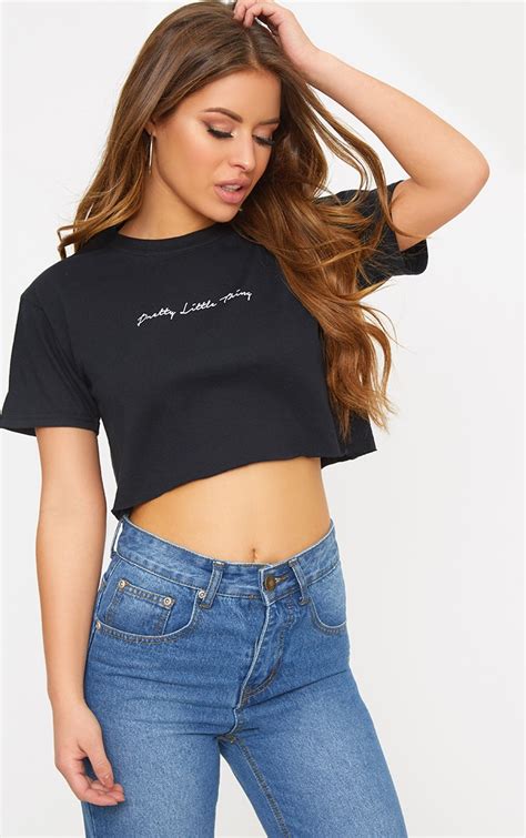 Plt Petite Black Slogan Cropped T-Shirt | PrettyLittleThing