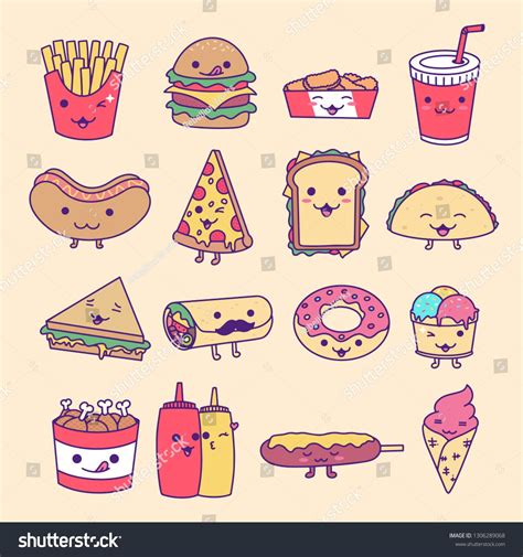 Collection Set of Fast Food, Junk Food, Street Food with cute kawaii face expressions. Handmade ...