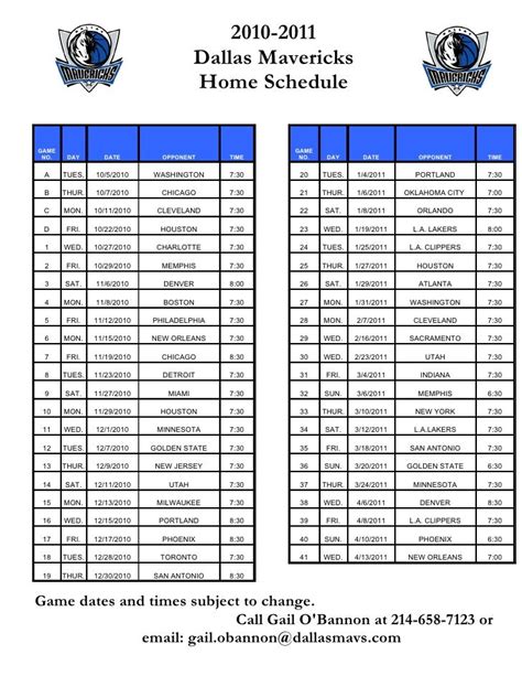 2010 2011 Mavs Home Schedule