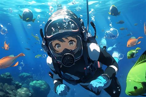 Scuba diving anime girl in a suit with a mask on her head | Premium AI ...