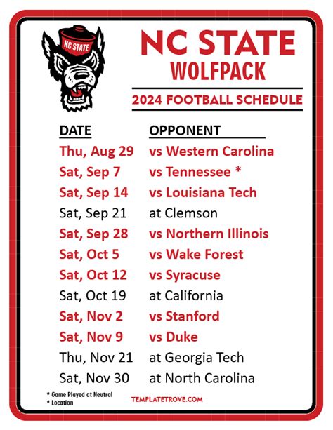 Printable 2024 NC State Wolfpack Football Schedule