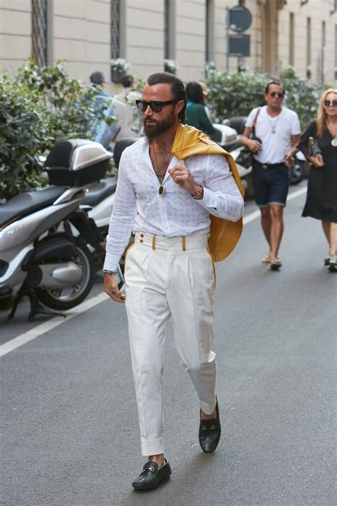 Man with White Shirt with Neck Puff before Emporio Armani Fashion Show, Milan Fashion Week ...