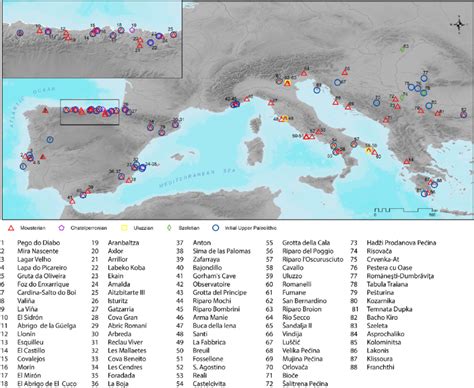 Map showing the distribution of selected Mousterian, transitional and... | Download Scientific ...