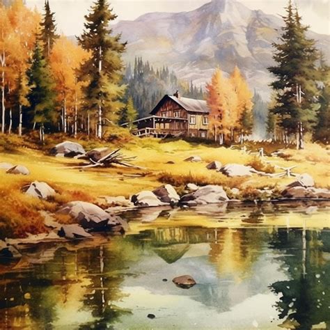 Premium AI Image | A painting of a cabin by the lake