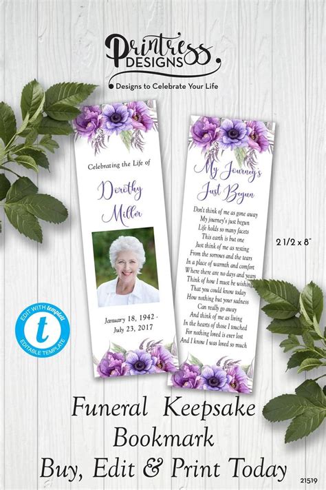 Purple Floral Funeral Keepsake Bookmark, Memorial Favor Bookmark, Celebration of Life Keepsake ...